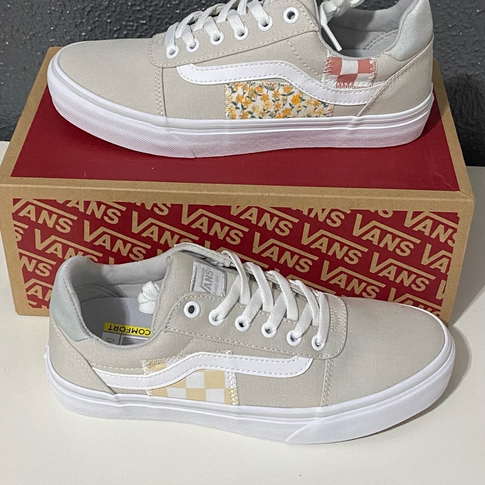 Vans Light Gray and White Sneakers with Checkered and Floral Accents